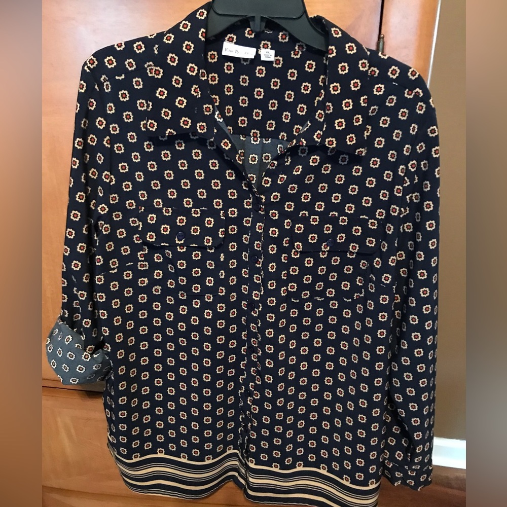 Navy blue,tan and red work blouse